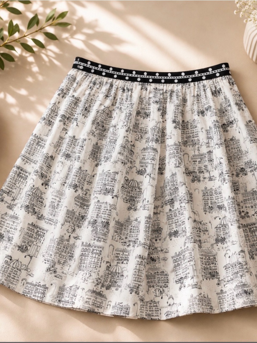 Women’s Cream Printed A-Line Skirt with Black Waistband